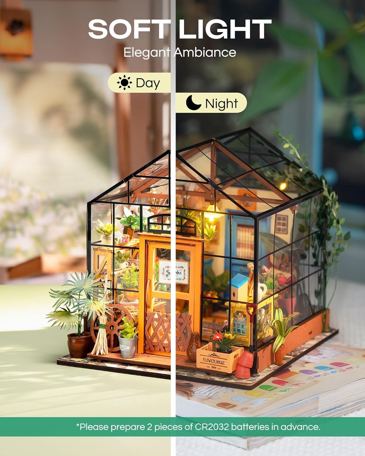ROBOTIME DIY Doll House kit Cathys Flower House, Miniature Greenhouse Craft Kit for Adults Mini Diorama Room with Furniture - Image 4