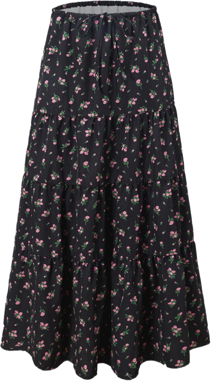 Women's Maxi Skirts Flowy Skirt Elastic High Waist Pleated A-Line Flared Long Skirts