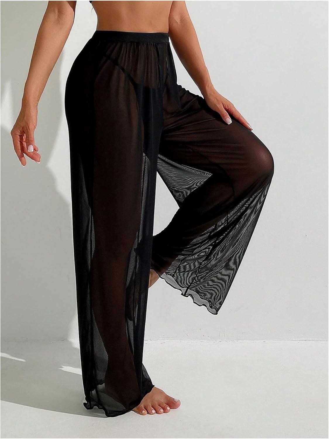 Milumia Women's Lettuce Trim Sheer Mesh Swimsuit Cover Up Pants See Through Wide Leg Beach Pants - Image 2