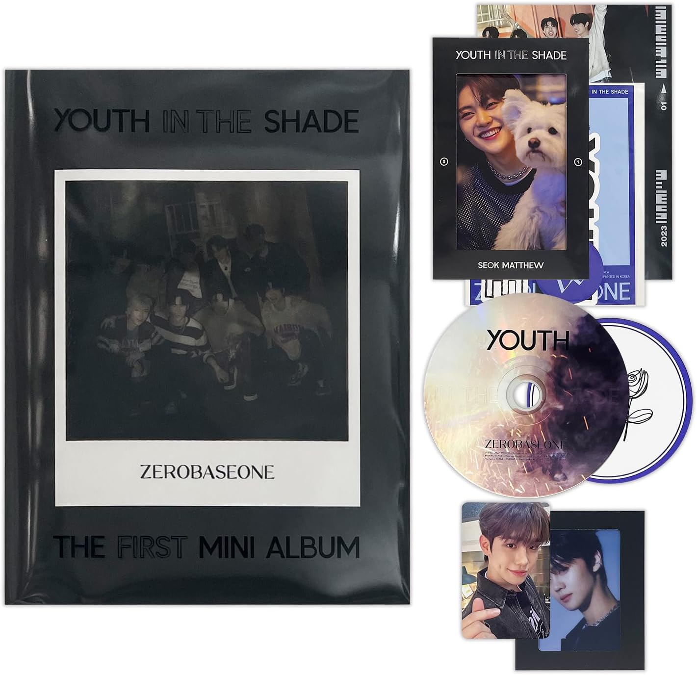 Zerobaseone - Youth in the Shade Mini Album Artbook +CD-R & Envelope +Selfie Photocard +Photo Frame Set +Layer Card +Sticker Pack +Zerose Coaster +Folded Poster +9 Extra Photocards