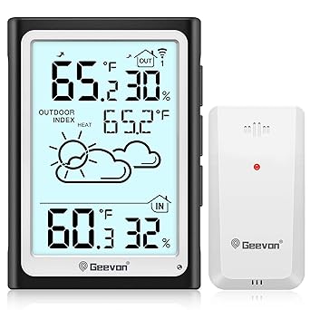 Geevon Large Display Digital Thermometer Hygrometer, Accurate Indoor Outdoor Temperature Humidity Monitoring, Wireless Weather Station with 200ft/60m Range Remote Sensor, Black