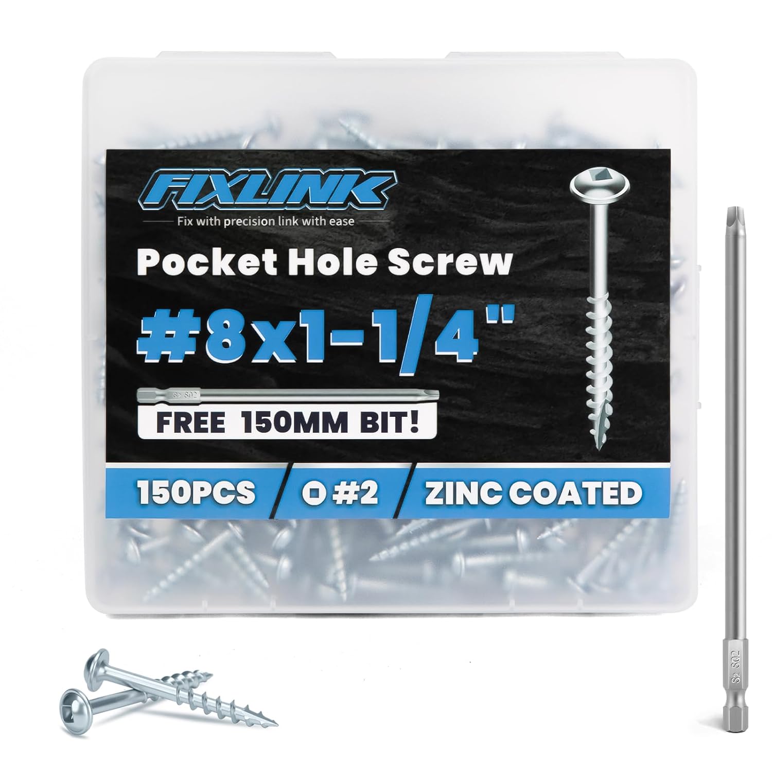 Pocket Hole Screws 1-1/4 Inch, FIXLINK Pocket Screws #8 X 1-1/4", 150 PCS, Zinc Coated Pocket Hole Screw for Indoor Outdoor, Square Drive, 150MM Drive Bit Included