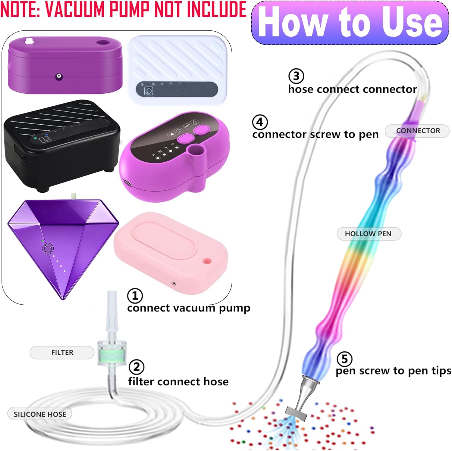Replacement Kit for Vacuum Diamond Painting Pens, E-Painter Replacement Pen + 2 Filters + Steel Screw 1/2/3/5/Elbow Multiplacers + 1m Silicone Tube fits Most Electric Diamond Art Pen (Colorful-3/5)