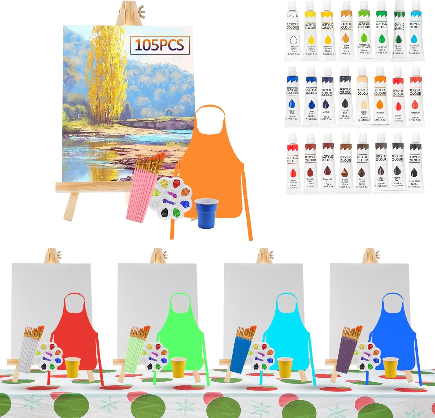 Rabbitale 105 Pcs Art Painting Kit Supplies Set for to Party - 50 Paint Brushes, 24 Acrylic Paints, 5 Wood Easels & Canvas Panels & Palettes & Aprons & Wash Pen Cup, 1 Plastic Tablecloth