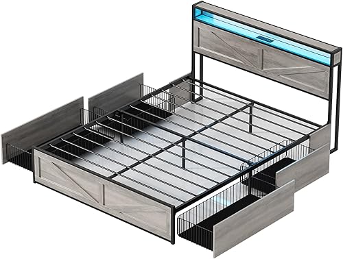 Miniatura 8 de Base de cama LED tamaño Queen con estación de carga y 4 cajones, plataforma de metal con cabecero de puertos USB, marco de cama de granja con luces