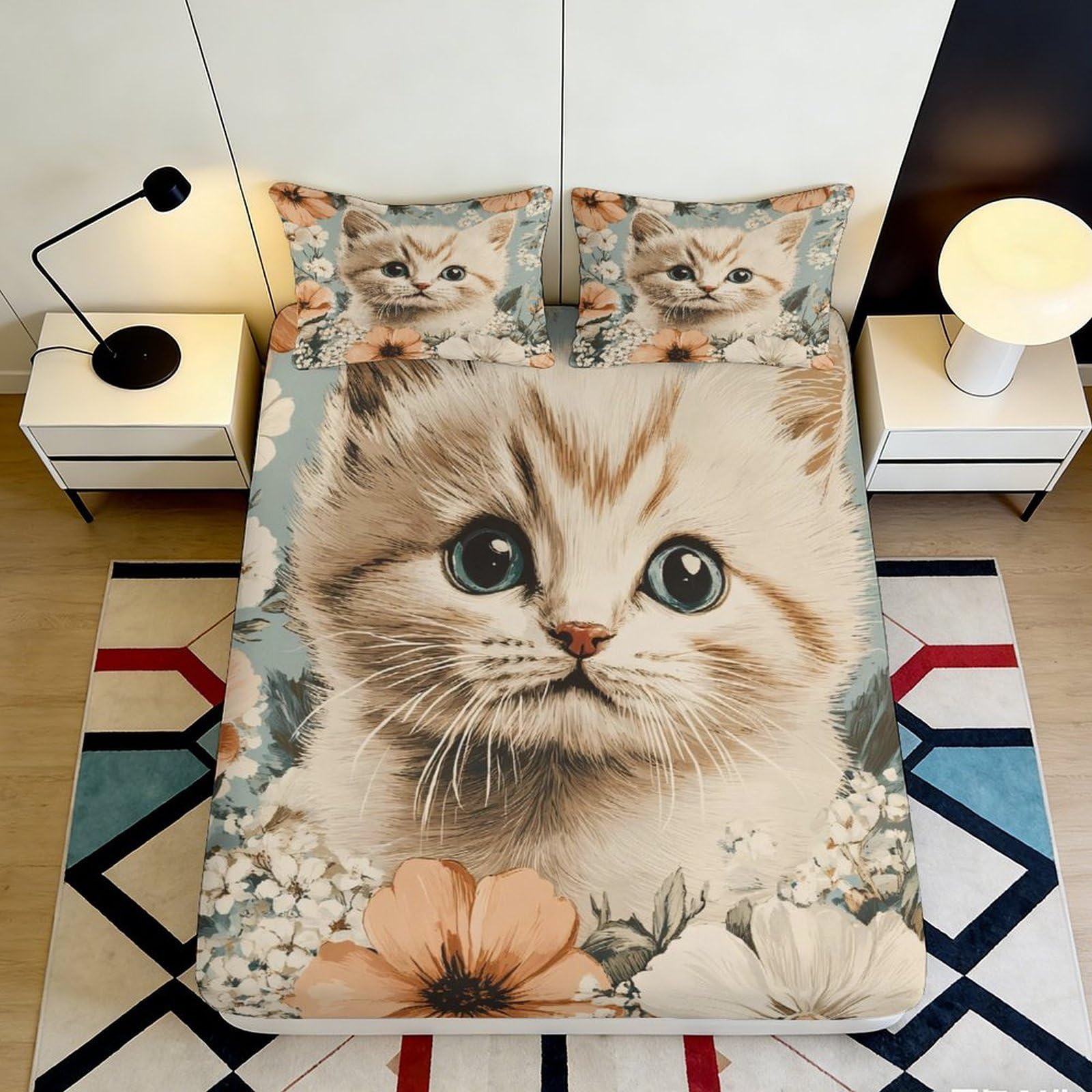 3D Printed Cute Kitten Fitted Sheet Microfiber Soft Breathable Floral Cat Mattress Cover for Bedroom Guestroom Decor 90x200x25cm