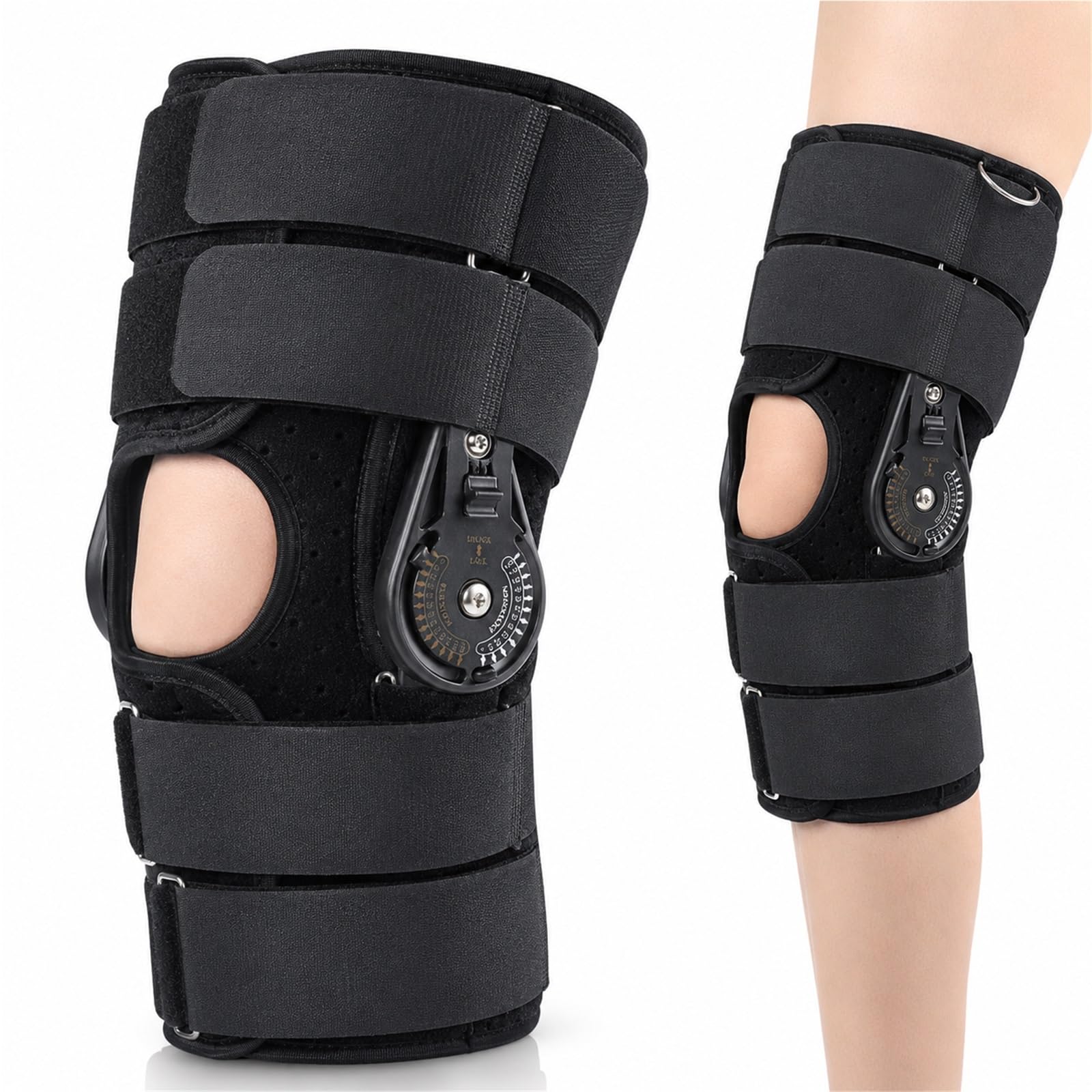 Ginocchiera Articolata Regolabile con Cerniere ROM Rimovibili e Controllo della Flessione per Post-Operatorio Supporto Compressione Traspirante Design Antiscivolo(L)