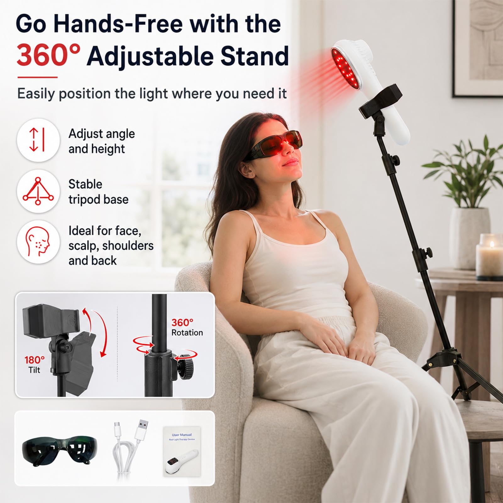 Lampe infrarouge portable à lumière rouge avec support, 16 LED 650 nm + 3 LED 808 nm, quatre modes de fonctionnement, quatre niveaux d'intensité lumineuse et douze réglages de minuterie