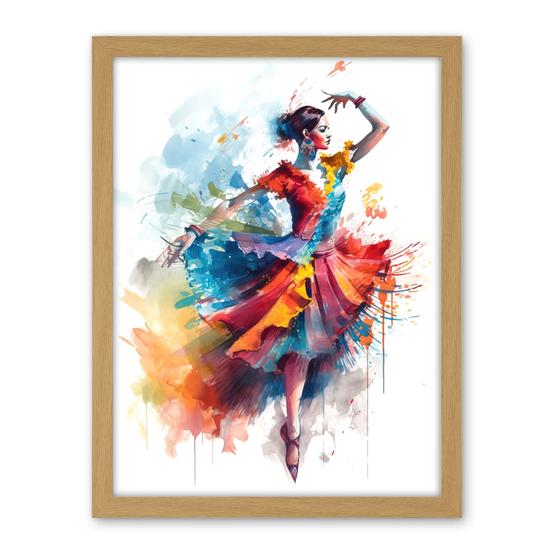 Artery8 Flamenco Dancer in Motion Rainbow Colour Dress Dance Modern Watercolour Painting Artwork Framed Wall Art Print 18X24 Inch