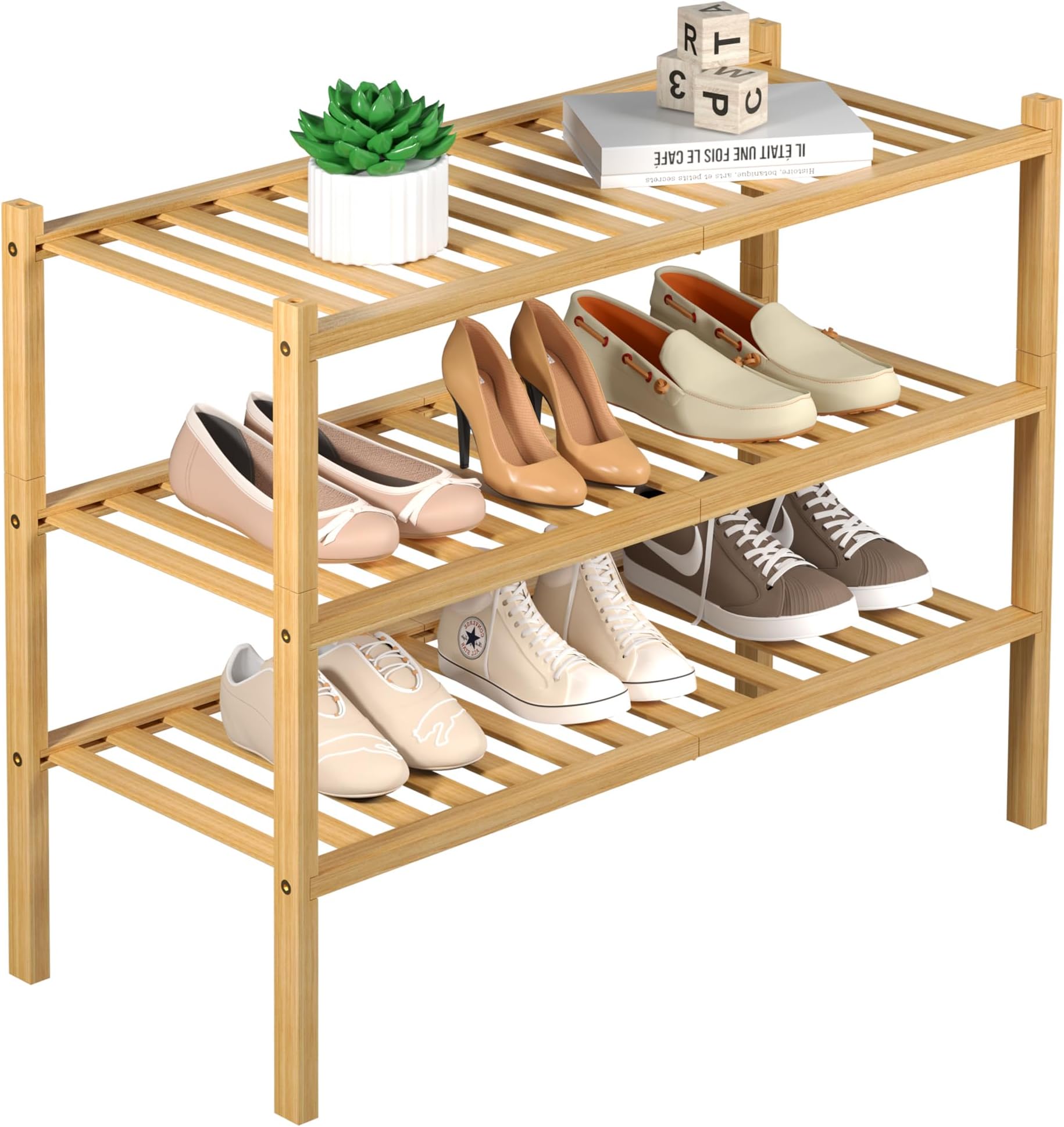 ROMGUAR CRAFT 3 Tier Bamboo Shoe Rack for Closet Free Standing Wood Shoe Shelf Storage Organizer for Entryway Small Space Stackable 27"x11"x20" (Natural)