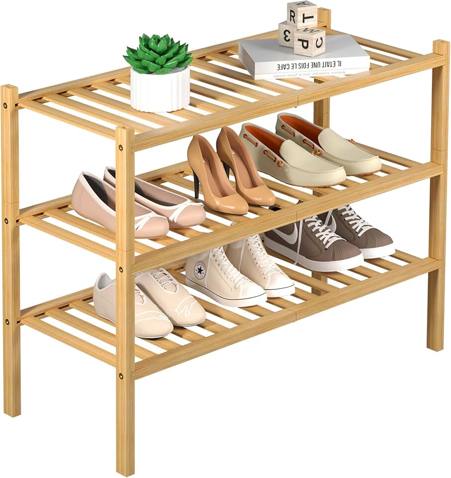 ROMGUAR CRAFT 3 Tier Bamboo Shoe Rack for Closet Free Standing Wood Shoe Shelf Storage Organizer for Entryway Small Space Stackabl