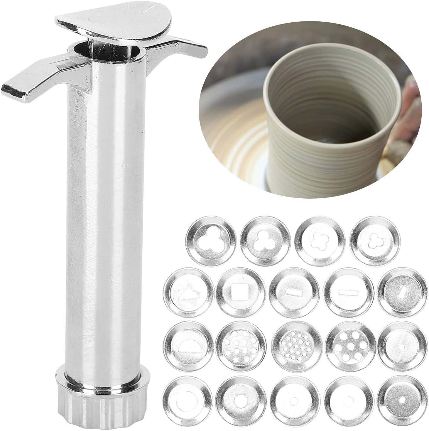 1 Set Silver Clay Extruder, Multifunction Mud Extruder Sculpture Tool Modeling with 19Pcs Tip Molds for Clay Craft