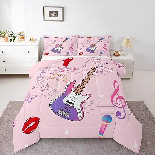 Erosebridal Bass Electric Guitar Queen Comforter Set,Pink Music Note Bedding Set