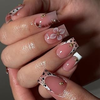 French Press On Nails Leopardenmuster, Square Rosa Falsche Nägel mit 3D Blumen, 24PCS Kunstnägel zum Aufkleben, Kreative Blühende Fake Nail, French Falsche Nägel, Pink Künstliche Fingernägel Nail Art