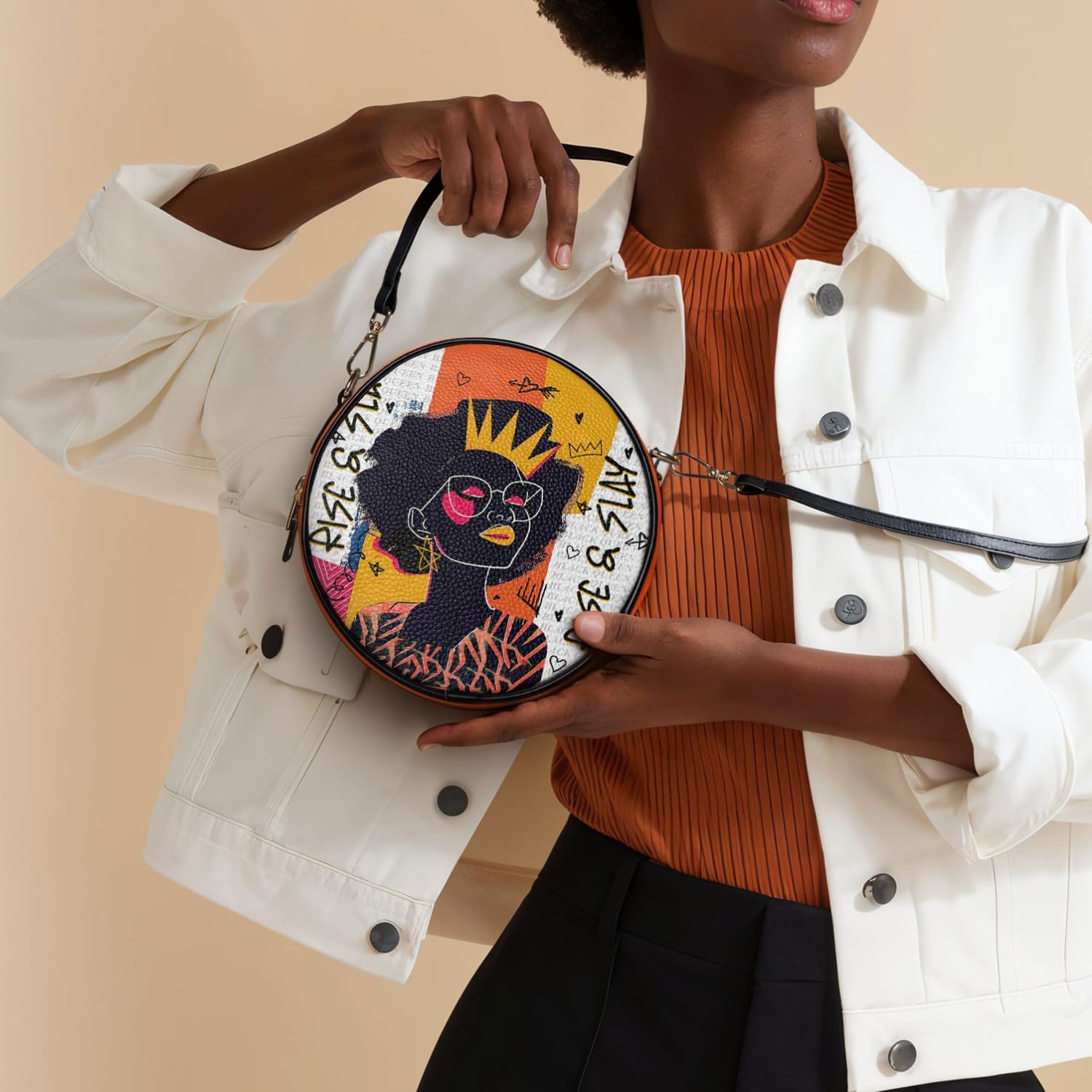 Afroyla African Women's Circle Crossbody Bag, Premium Vegan Leather, Adjustable Strap, Zipper, Gifts for Her, Mom, Wife - Image 4