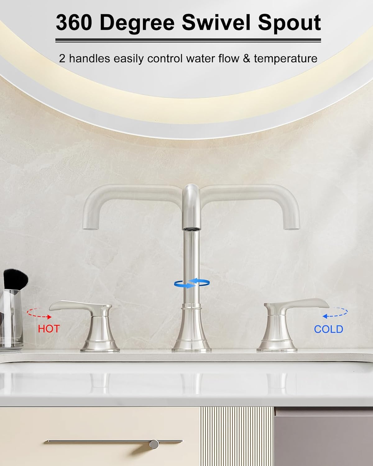 Brushed Nickel 3 Hole Bathroom Faucet Widespread, 360 Degree Swivel Vanity Faucet 8 Inch, 2 Handles for Bathroom Sink with Water Supply Hose & Pop-Up Drain, Lead-Free, 5 Mins Installation