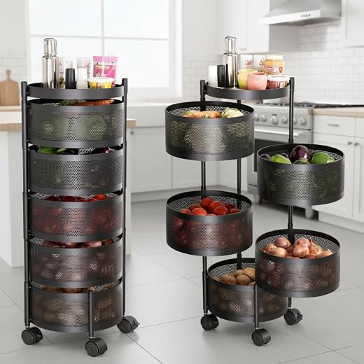 JD FRESH 360° Rotating Kitchen Trolley with Wheels | 5 Tier Metal Vegetable &amp; Fruit Storage Rack | Multipurpose Rolling Ki