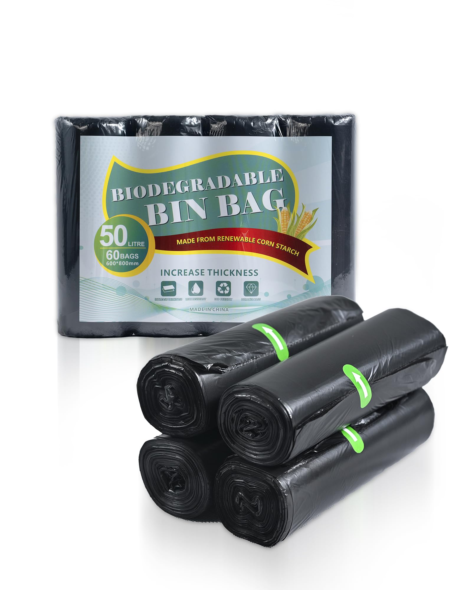 Eco-Friendly - Extra Strong - 60 Bags EveryDay - 50L - Recyclable and Biodegradable Bin Bags, Leak Resistant, Durable Waste Disposal Bags for Household & Commercial Use.