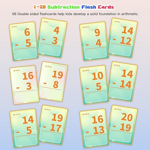 Miniatura 4 de Tarjetas flash de resta, tarjetas de datos matemáticos 1-20, juegos de manipulación matemática para jardín de infantes, 1, 2, 3, 4, 5, 6 grado para