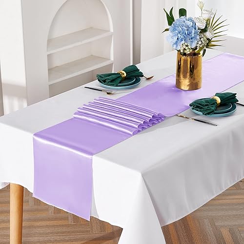 Miniatura 3 de YUHX Paquete de 20 caminos de mesa satinados de 12 x 108 pulgadas de largo, color lavanda para bodas, fiestas de cumpleaños, decoraciones de