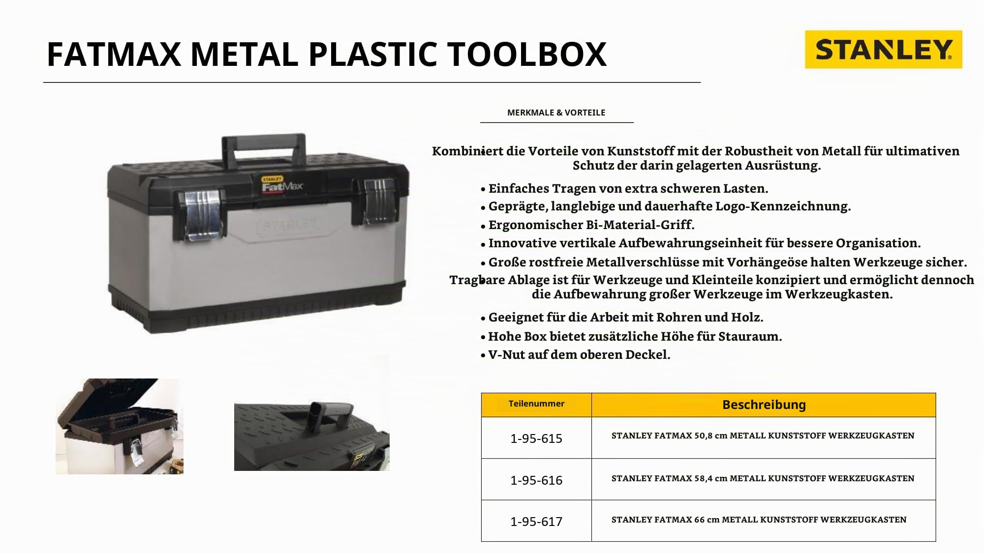 Stanley FatMax Werkzeugkoffer / Werkzeugbox (20", 50x29x30cm, Trage mit Bi-Material Griff, robuste Box aus Metall-Kunststoff mit rostfreien Schließen, Koffer mit Aussparung) 1-95-615