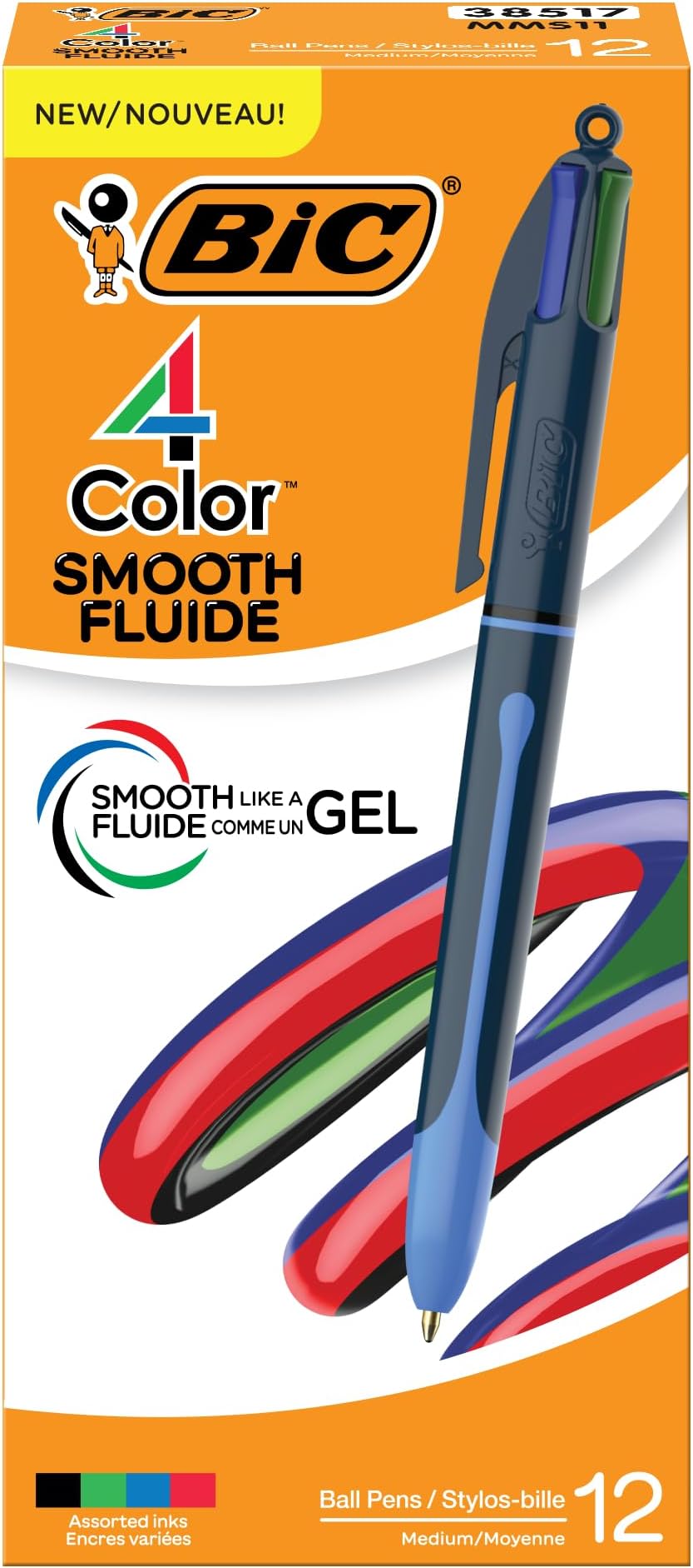 4-Color Smooth Retractable Ballpoint Pen with 1.0 mm Point, 12-Count in Assorted Ink Colors