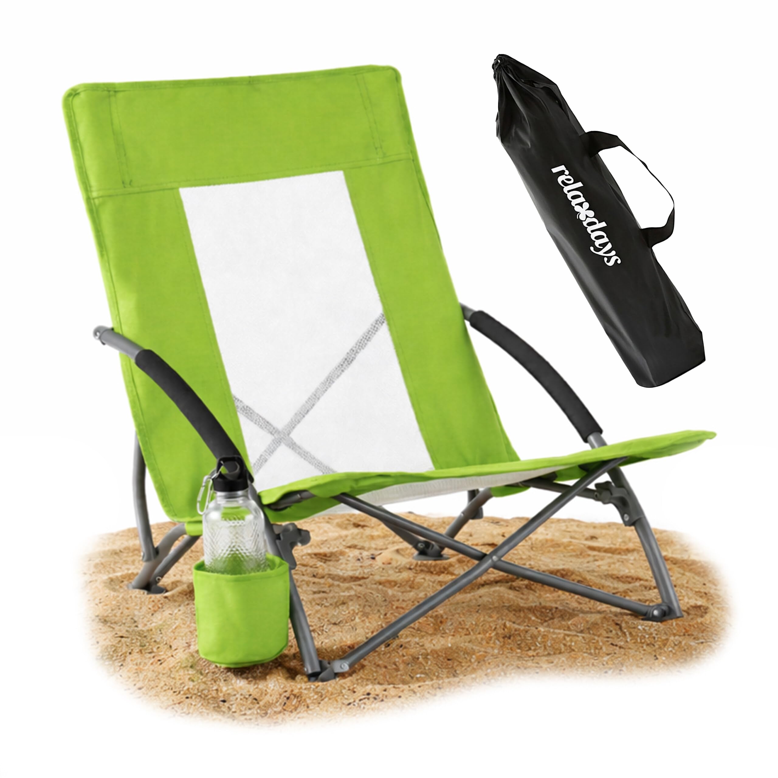 Chaise de plage verte Relaxdays pliable avec dossier ergonomique en mesh et sac inclus