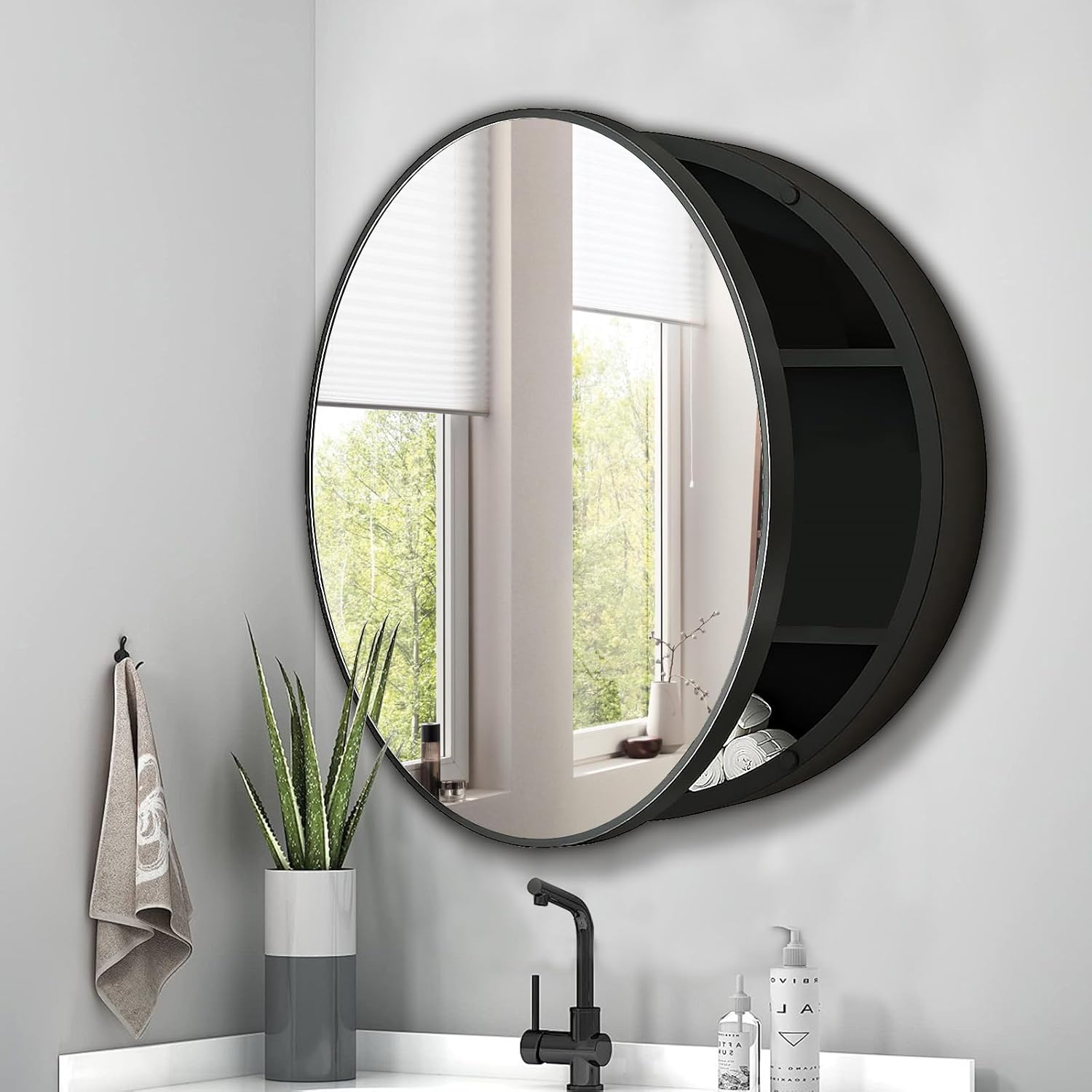26 inch Round Bathroom Medicine Cabinet with Mirror Surface Mount Metal Framed Farmhouse Black Medicine Cabinets for Wall Small Circle Mirrored Bath Cabinet with Vanity Mirror
