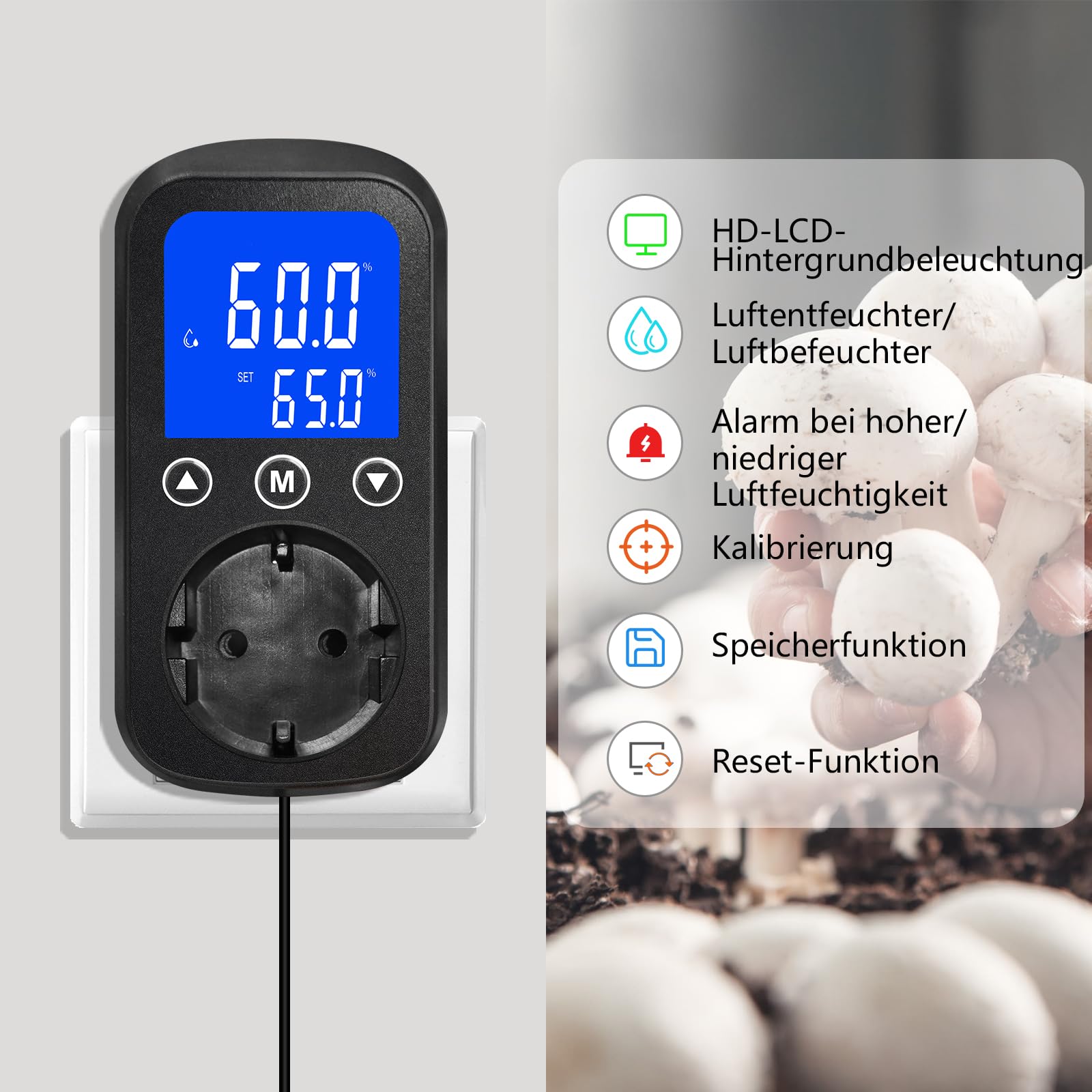 KETOTEK KT2200 Hygrostat Steckdose mit Feuchtesensor Feuchtigkeitsregler mit Alarm 16A/230V Feuchtigkeitssteuerung für Luftentfeuchter, Luftbefeuchter, Gewächshäuser, Pilzzuchtzelte und Terrarien