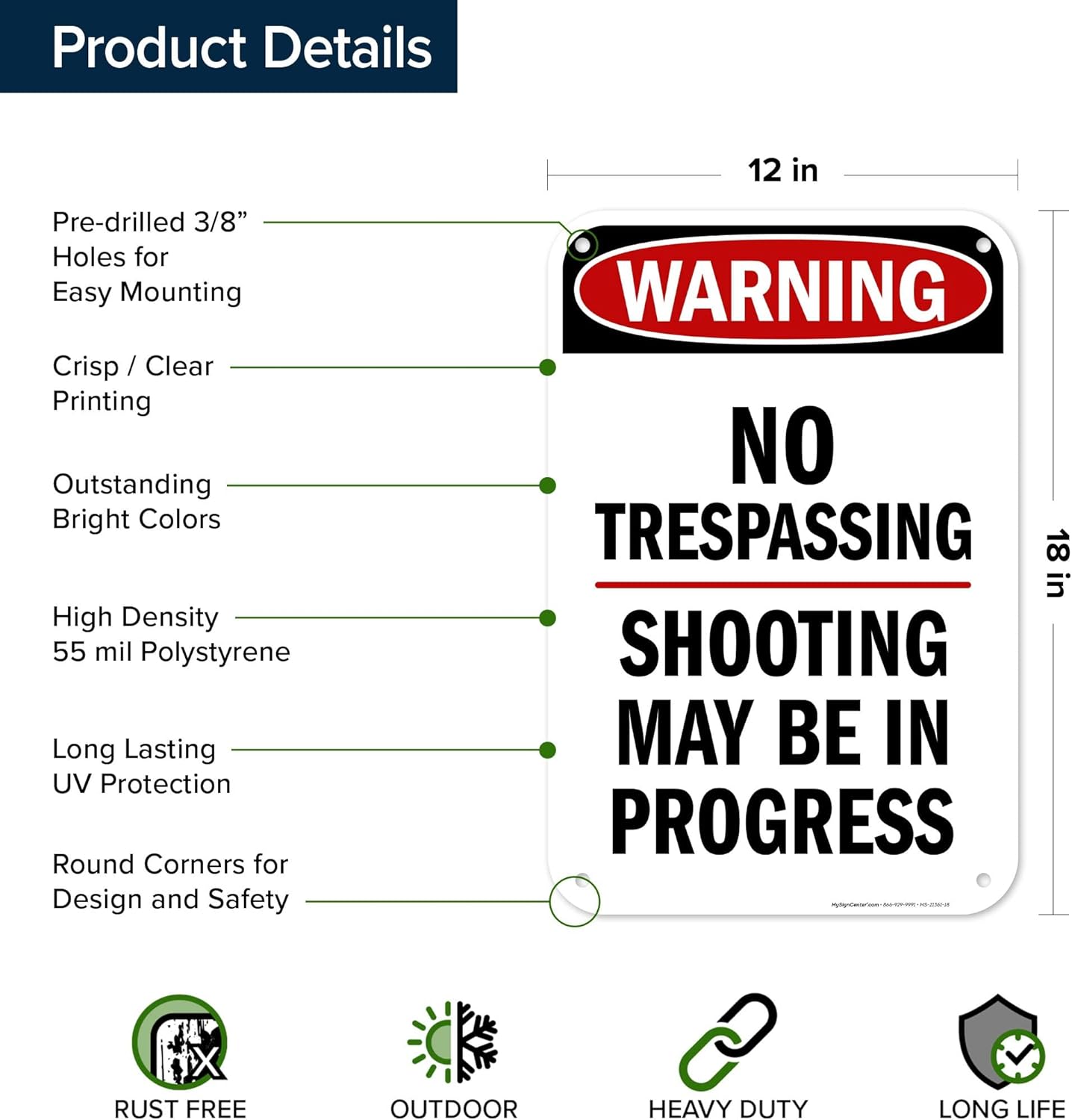 Warning No Trespassing Shooting May Be In Progress Sign, 12x18 Inches, 55 mil thick HDPS (high density polystyrene), Made in USA by My Sign Center