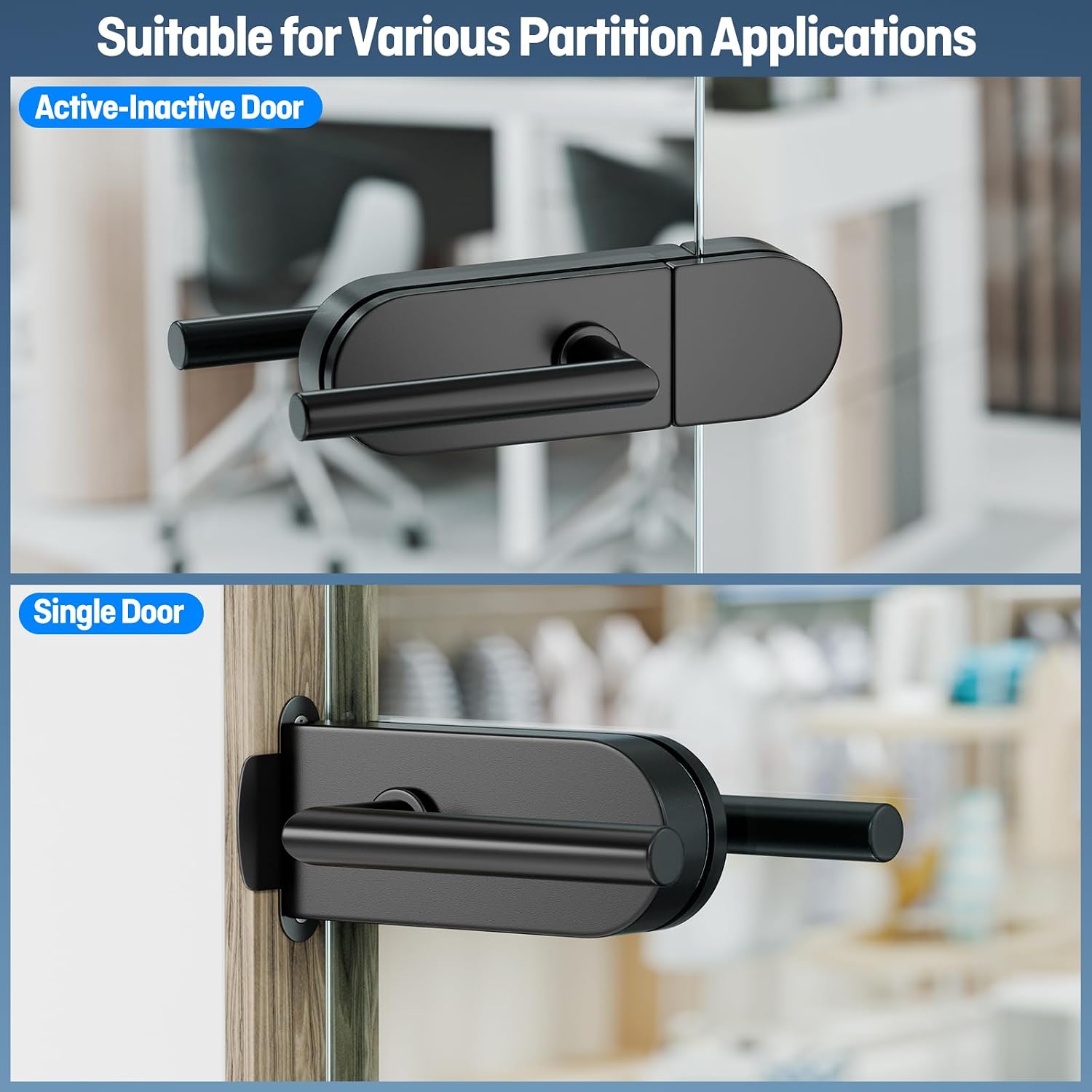 Ranbo Frameless Glass Door Passage Lock with Lever Handles, Matte Black