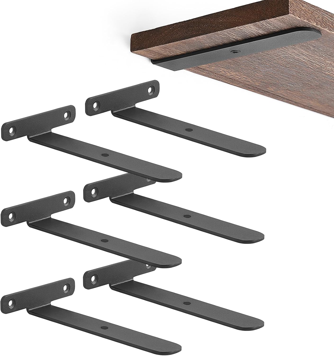 Mkono Wall Mounted Wine Rack - Bottle & Glass Holder Wood Rustic Floating Racks with Stemware Hanger and 6Pack Shelf Brackets Black Heavy Duty Metal Hidden L Bracket Floating Shelf Bracket