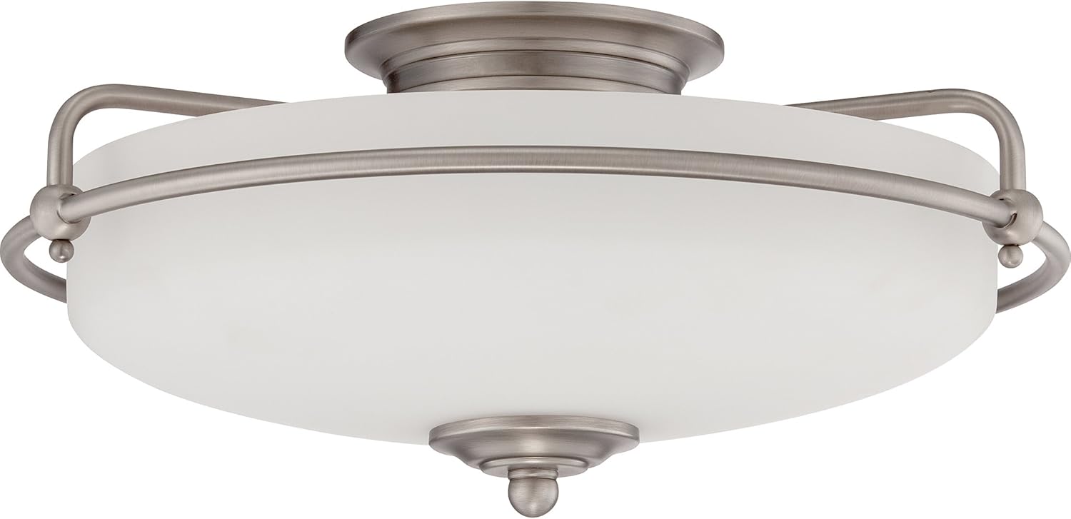 Quoizel Griffin Flush Mount Ceiling Light, 17 Inch 3-Light Antique Nickel Opal-Etched Frosted Glass Shade, Ceiling Light Fixture for Hallway, Kitchen, Bedroom, Dining, Farmhouse or Office