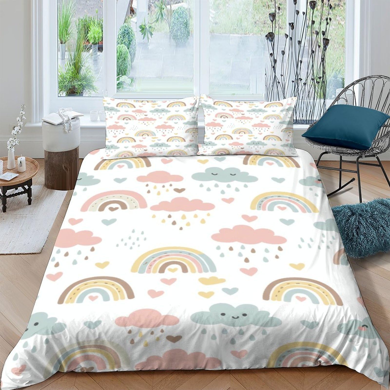 Ctjqhvkz Style-9 3D Printed Rainbow Cloud Fitted Sheet Microfiber Pastel Cartoon Bed Cover Anti-Slip Washable Decor For Bedroom Guest Room Single（135X200cm）