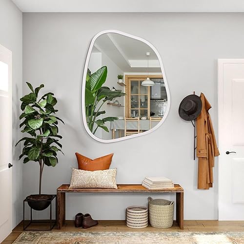 Miniatura 5 de Espejo de pared ovalado irregular blanco grande de 26 x 18 pulgadas, espejo asimétrico moderno con marco de madera de forma única montado en la