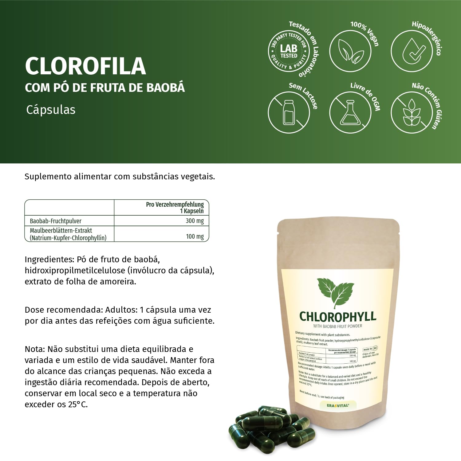 Chlorophyll 90 Kapseln - Pflanzenkraft aus Maulbeerblättern und Baobab-Fruchtpulver - Vitalstoff-Formel für Balance und Wohlbefinden, ohne Zusatzstoffe, laborgeprüft, vegan.