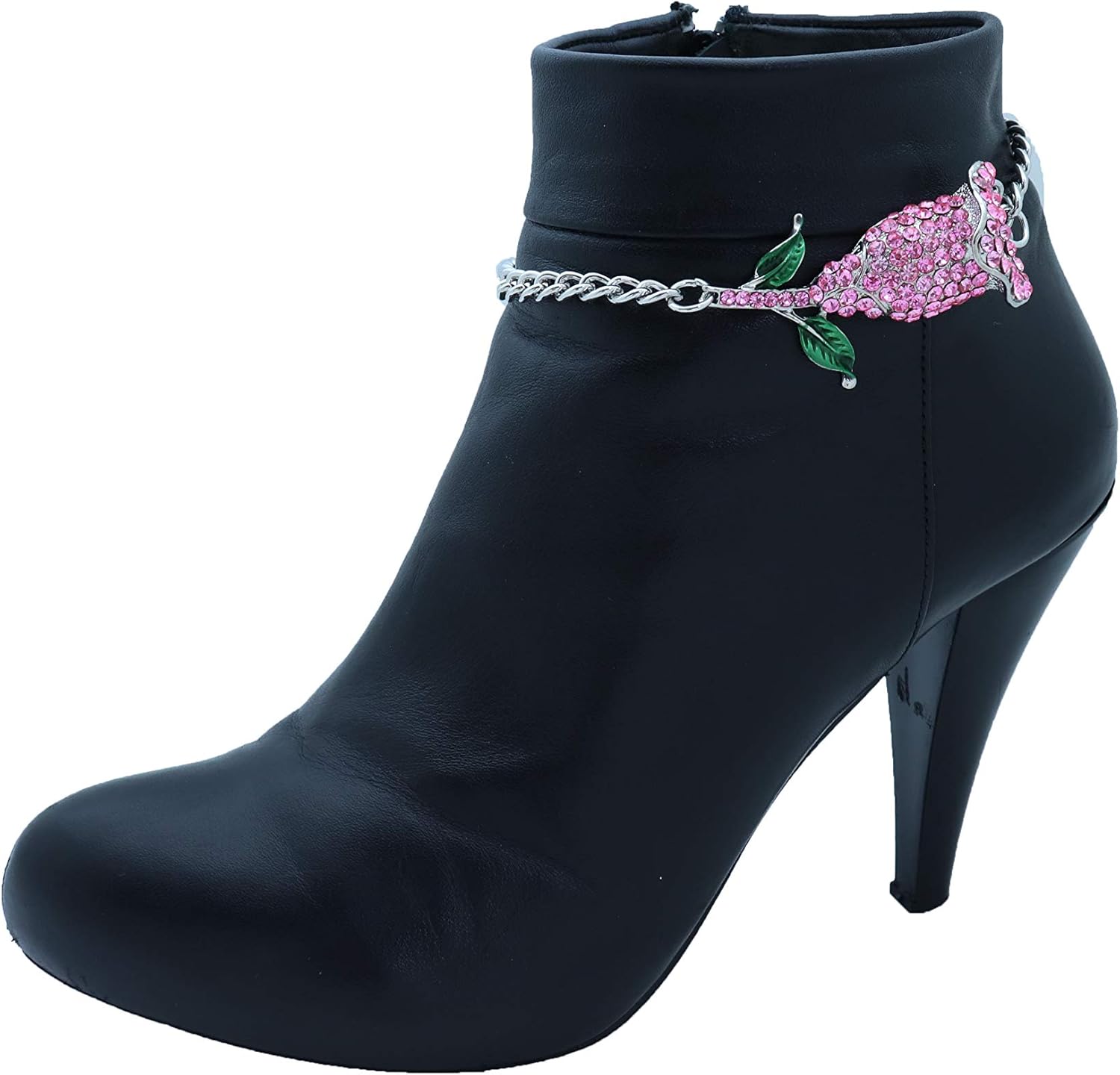 TrendyFashionJewelry 2PCS Women Boot Bracelet Western Silver Metal Chain Shoe Elegant Bling Pink Flower Charm Anklet Strap BC144