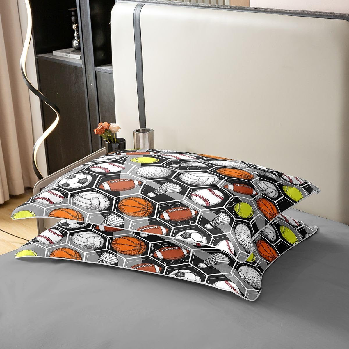 Erosebridal 100% Cotton Ball Games Bedding Sets Basketball Football Comforter Cover Hexagon Geometric Sports Duvet Cover Set Baseball Tennis Badminton Rugby Quilt Cover with 1 Pillow Case Twin Size