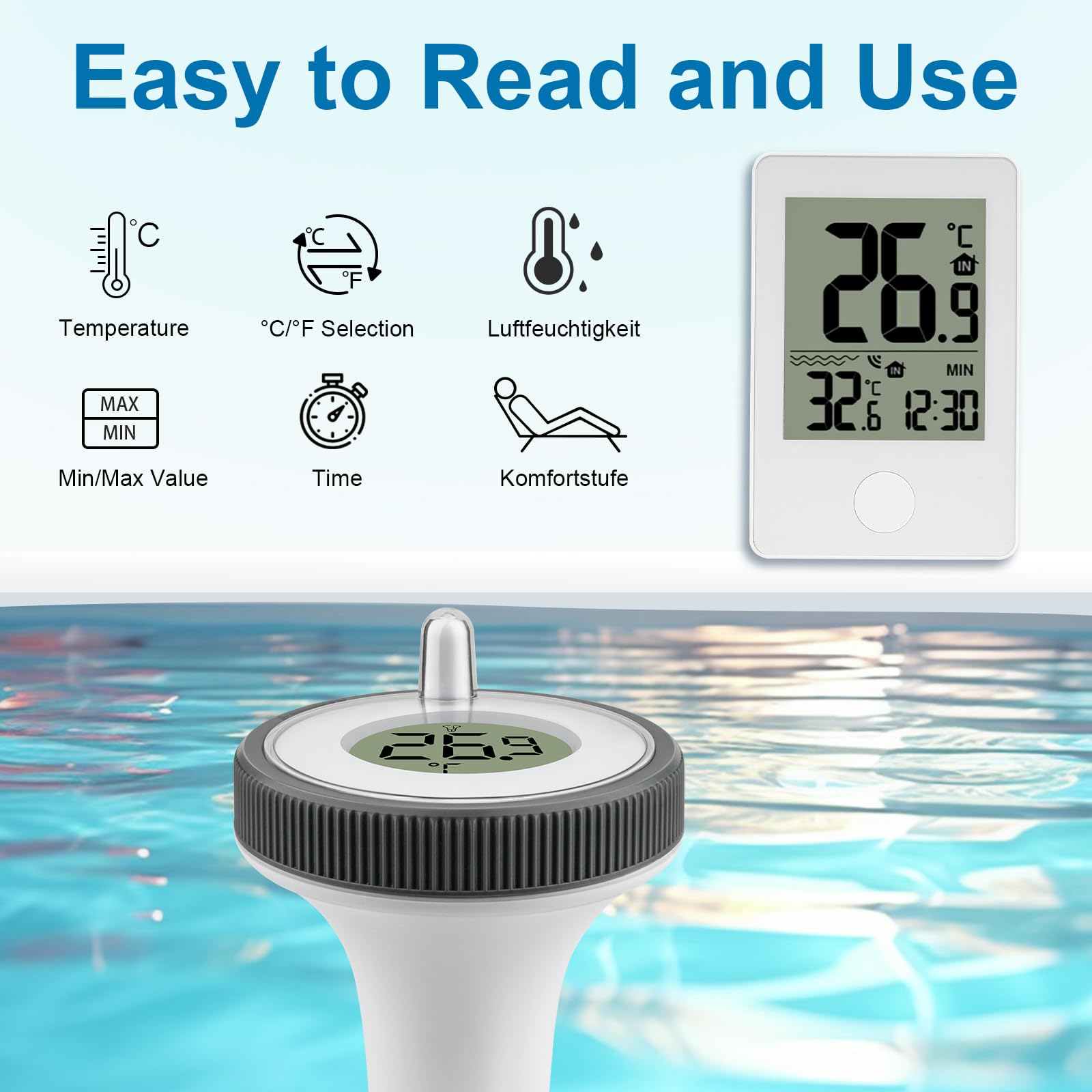 Thermomètre de Piscine Sans Fil, Thermomètre Numérique Flottant Sans Fil pour Piscines, Thermomètre de Piscine étanche IP67, Thermomètre d'eau Intérieur Extérieur pour Aquariums, Baignoires, étangs