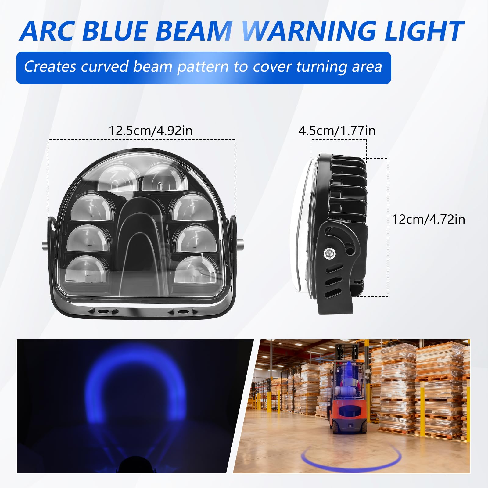 Chelhead Bleu Éclairage Sécurité LED Chariot Élévateur Ligne + Arc 10–80V | 3 feux LED avec 2 lignes droites et 1 arc faisceau LED haute visibilité pour améliorer la sécurité des chariots élévateurs