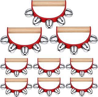 9 Pcs Christmas Sleigh Bells Handheld Jingle Bells with Wooden Handle Musical Instruments Educational Toy for Christmas Caroling Band Party Favors (5 Bells)