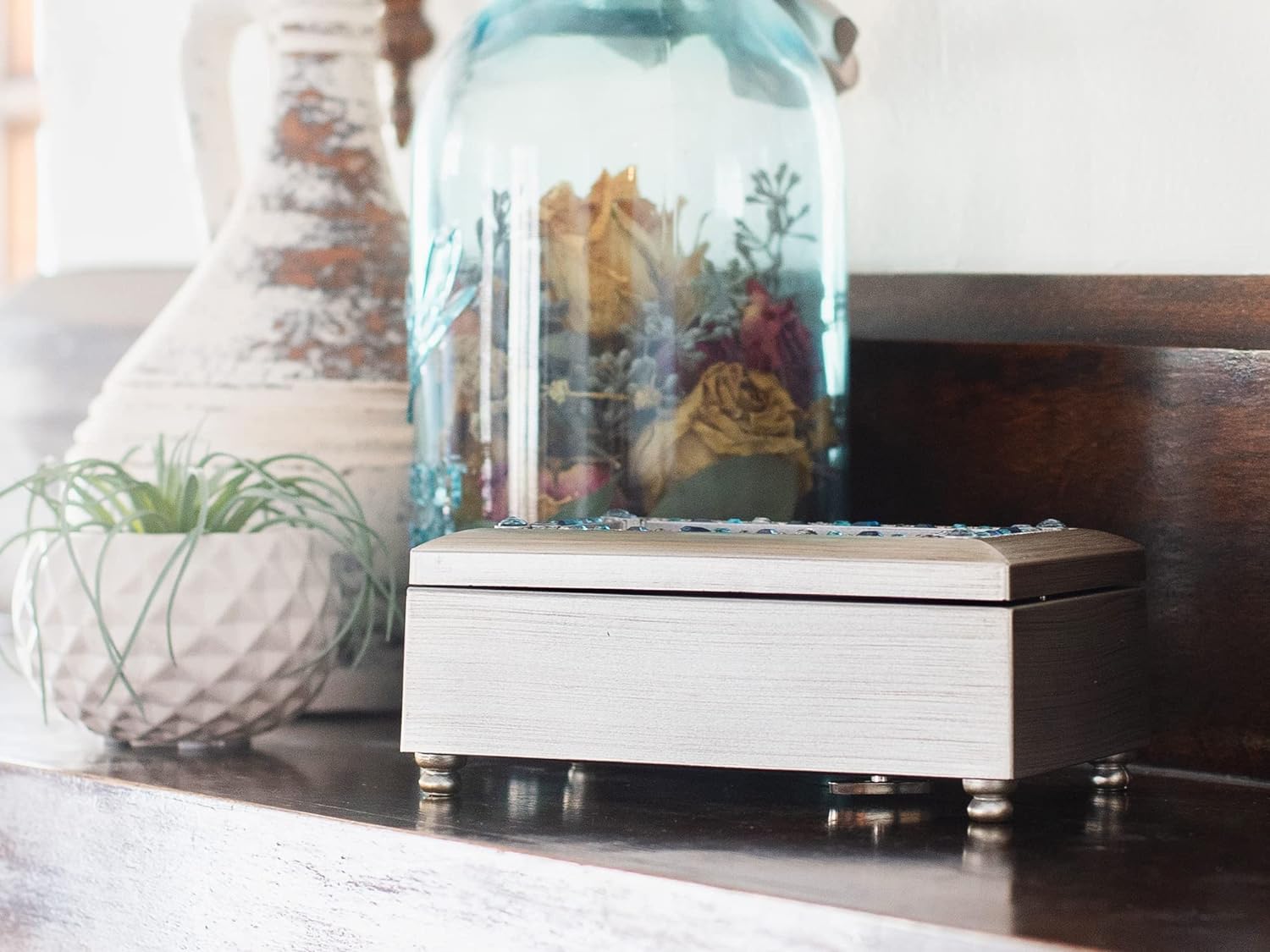 Cottage Garden Daughter in Law Silver Tone Jewel Beaded Petite Music Box Plays Wind Beneath My Wings