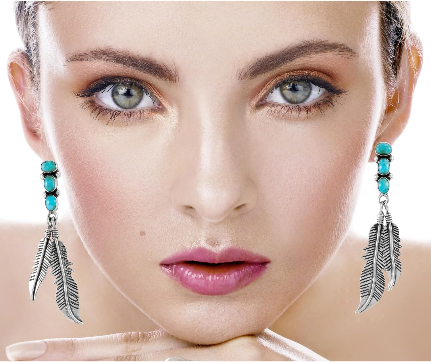 Feather Turquoise Earrings 925 Sterling Silver & Genuine Gemstone - Image 4