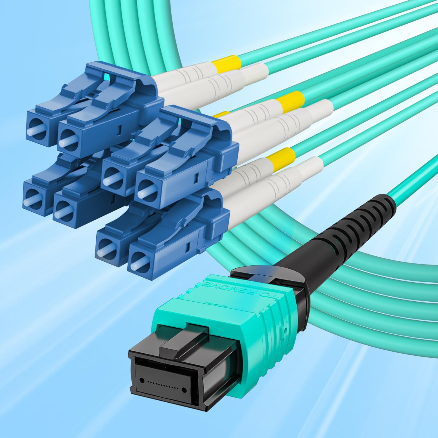 Fiber Patch Cable - MTP to 8xLC OM3 8-core (Breakout=25m) Fiber for 40G/100G QSFP Transceiver, 30m(100-ft)