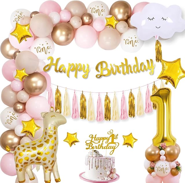1st Birthday Decorations for Girls Pink Gold Birthday Balloons, First Birthday Decorations Girl, Happy Birthday Banner Number 1 Balloon, Pink White Balloons for Baby Girl 1st Birthday Party Supplies