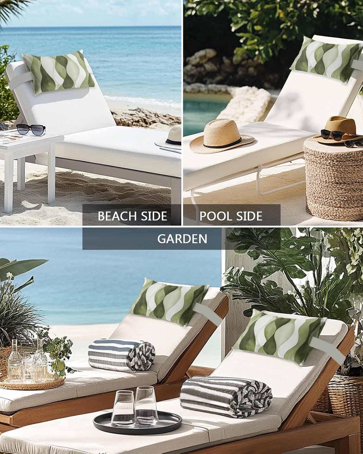 Outdoor Pillow for Chaise Lounge Chair Sage Green Gradient Ripples Outdoor Pillows Waterproof with Adjustable Strap Headrest Lumbar Pillows for Garden Patio Furniture 2 Pack 11" x 16"