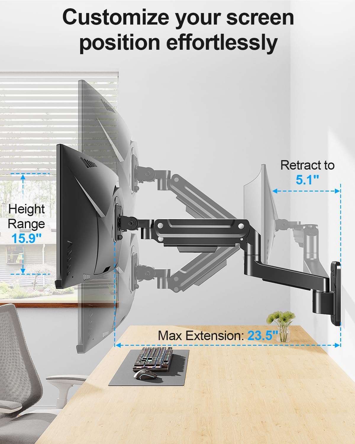 Monitor Wall Mount fits 22"-49" Ultrawide Flat & Curved Screens, Heavy Duty Single Monitor Wall Arm Holds 2.2 to 44 lbs, Full Motion Adjustable Wall Bracket, VESA Mount 75x75mm/100x100mm