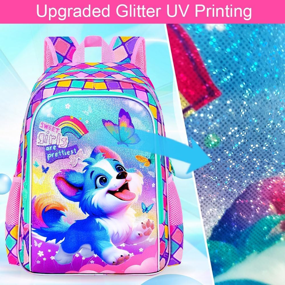 KLFVB 3PCS Girls Dog Backpack, Water Resistant Kids Bookbag with Lunch Box, 16" Preschool Backpacks for Elementary - Blue Dog