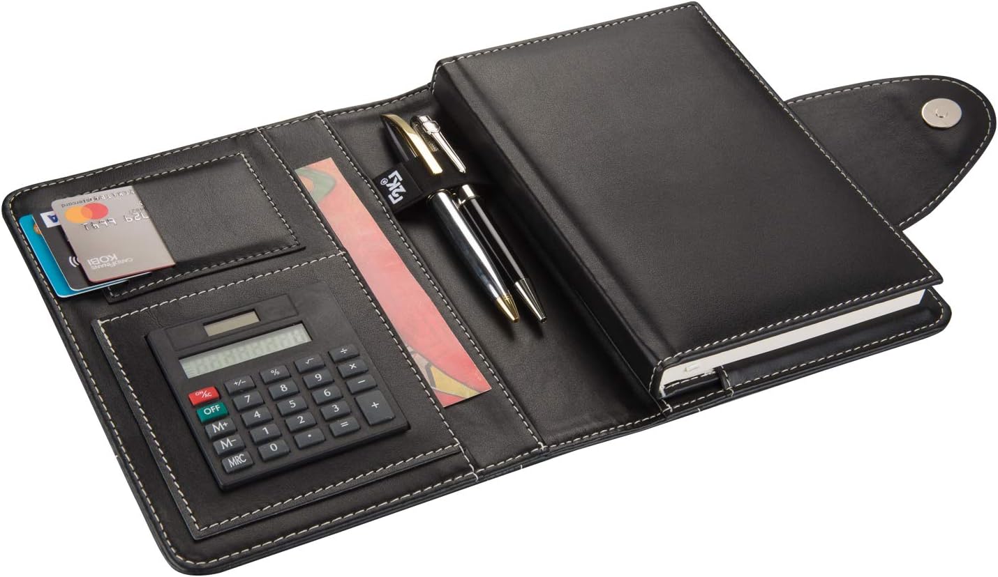 2K 4683 Ajanda Tarihsiz Kareli 14X20 cm Ajanda/Defter Hesap Makineli Suni Deri Organizer, Siyah