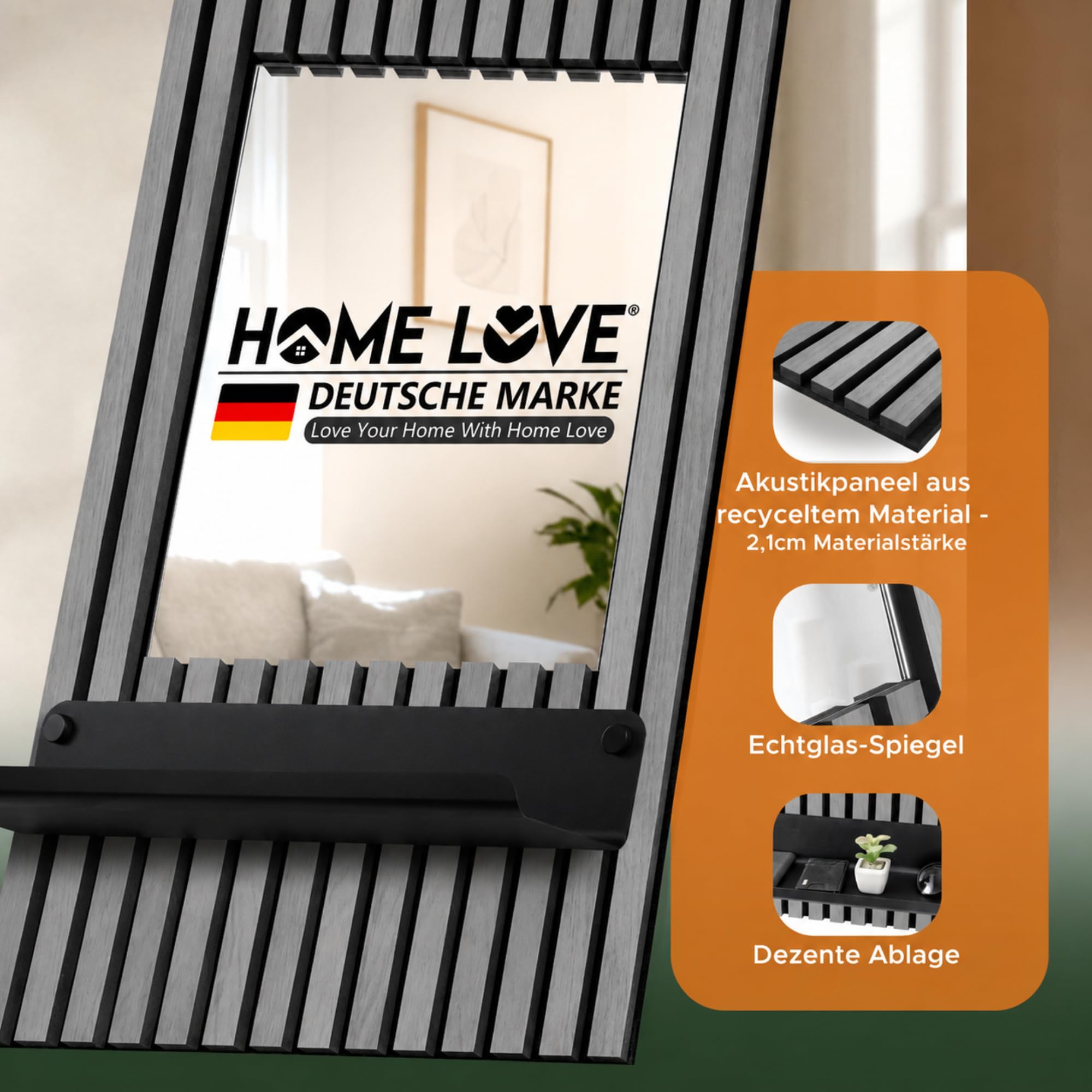 HOME LOVE Wandspiegel Flur mit Ablage 110×55 cm | Spiegel mit Regal für Schlüssel & Deko | Flurspiegel Wand mit höhenverstellbarer Ablage | Garderobenpaneel auch als Badspiegel